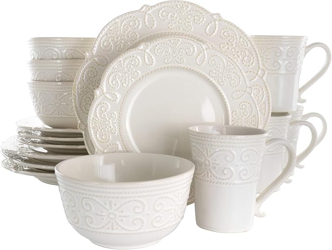 Elama Round Decorated Stoneware Scallop Embossed Dinnerware Dish Set, 16 Piece by Elama