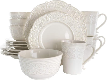 Elama Round Decorated Stoneware Scallop Embossed Dinnerware Dish Set, 16 Piece by Elama