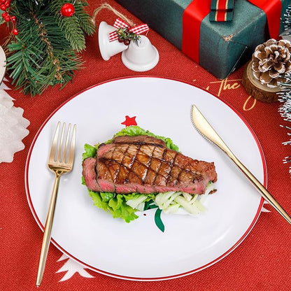 LIYH 60 Pcs Christmas Plates Disposable Heavy Duty, White Plastic Christmas Plates with Red Rim, Tableware Dishes, Xmas Party Decorations Holiday Party Supplies Serve for 30 Guests