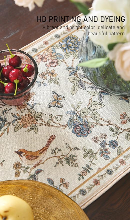 Designer French Linen Extra Long Table Runner, Floral Bird Pattern, Dining Table - Image 8
