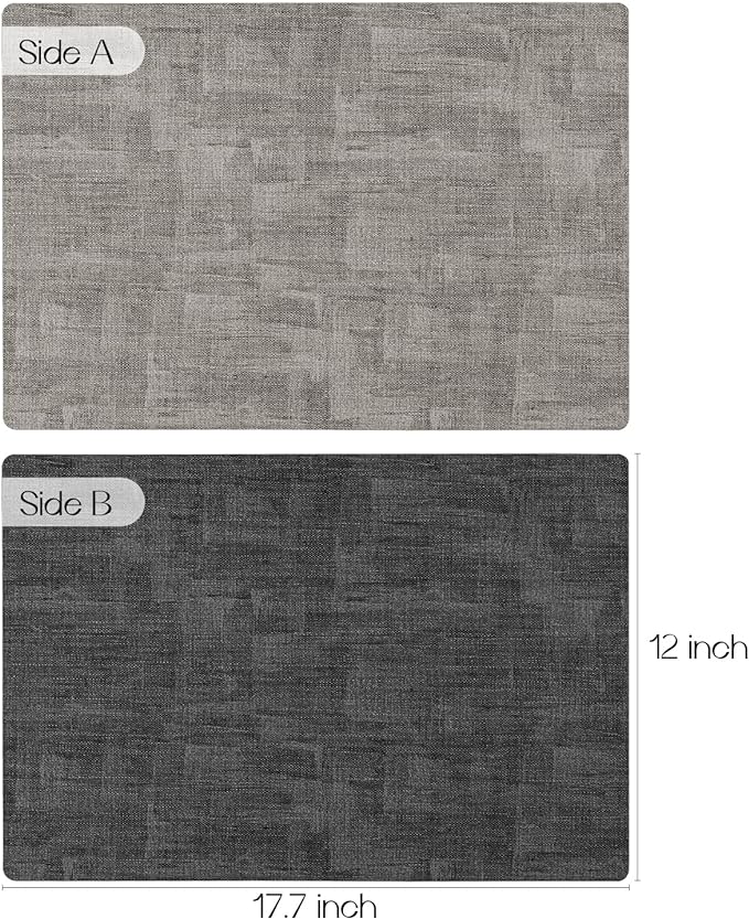 Romanstile Reversible Vinyl Placemats Set of 6, Faux Leather 100% Waterproof Oil-proof Wipeable Place Mats, Heat Resistant Dual Sided Table Mats for Kitchen/Dining/Party (Grey Light Grey, 12 x 17 Inch