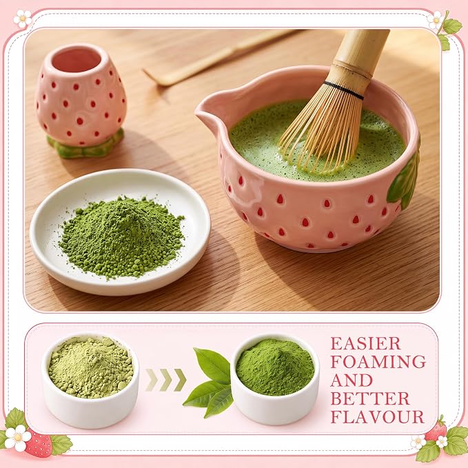 5 Pcs Matcha Whisk Set Pink Matcha Kit Cute Strawberry Design | Ceramic - Image 3
