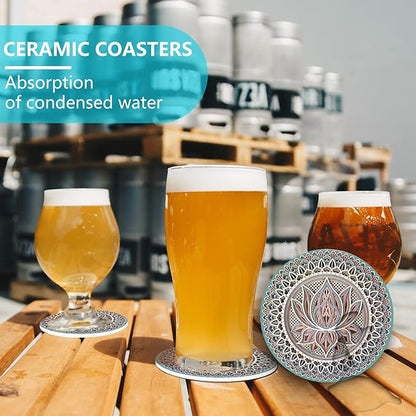 Mandala Coasters for Drinks,Doawbang Absorbent Ceramic Stone Coasters Set of 4 Cork Base Marble Art Cups Table Mats for Home Decor (Green)