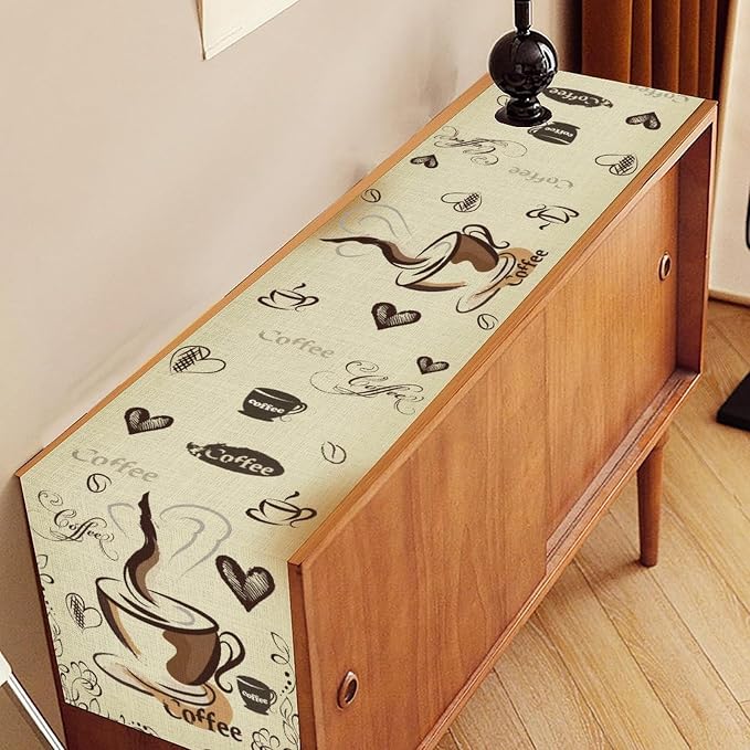 Coffee Theme Table Runner, Farmhouse Brown Coffee Time Cafe Cup Tea Bean Drinks - Image 2