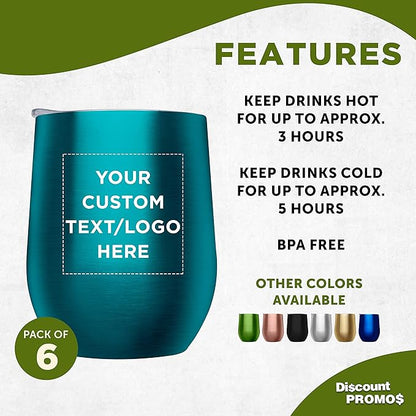 Custom Stemless Wine Glass Tumblers with Lids by Largo 11 oz. Set of 6, Personalized Bulk Pack - Perfect for Wine, Cocktails, Other Hot & Cold Beverages - Teal