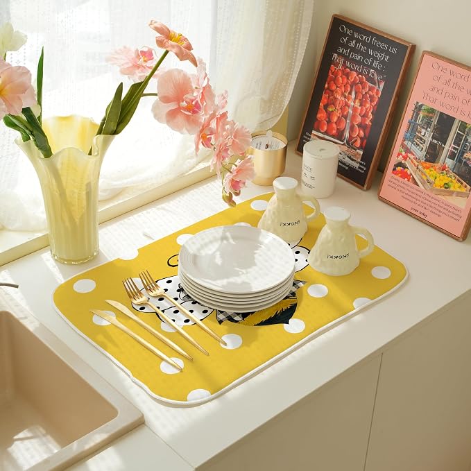Yellow Bee Dish Drying Mat for Kitchen Counter 18x24 Inch Polka Dots Dish - Image 5