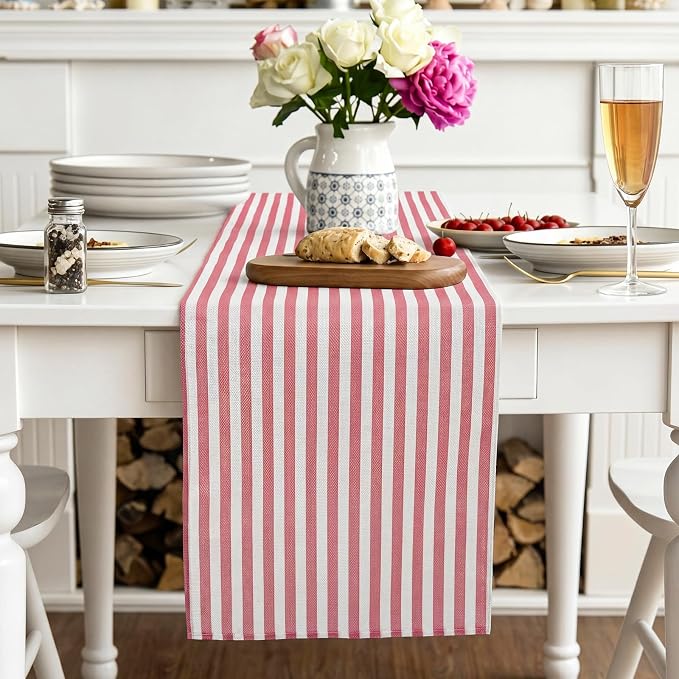 6 Pcs Pink and White Stripe Table Runner, 13 x 72 Inch | Linen Kitchen Dining - Image 3