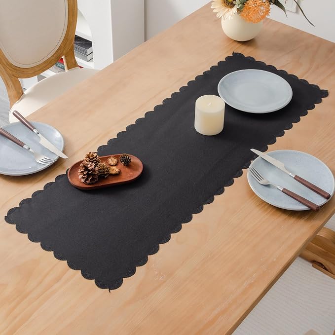 Small Solid Black Farmhouse Scalloped Table Runner 13 x 36 Inchs | Washable by YZKITM