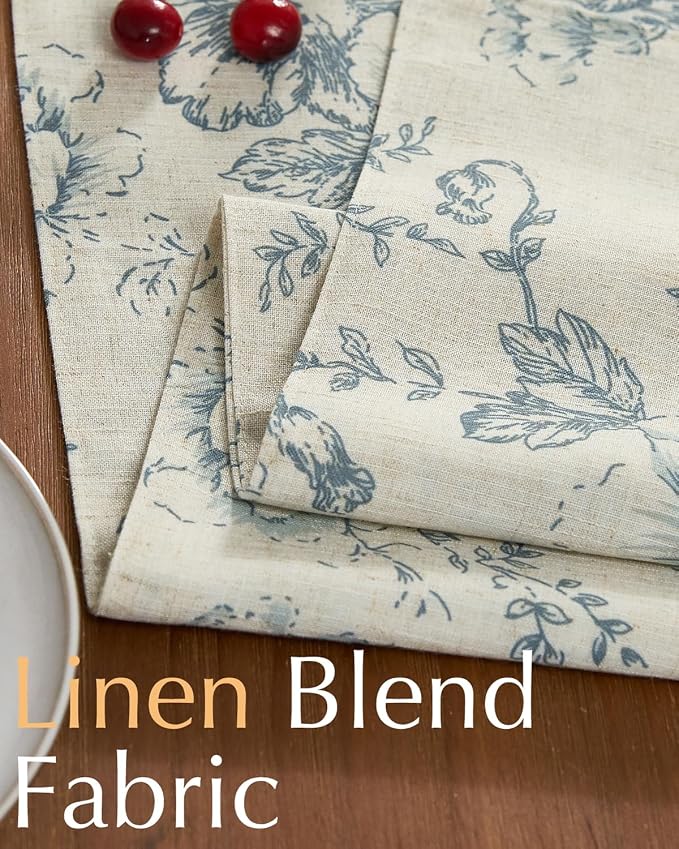 jinchan Blue Floral Linen Table Runner 13 x 90 Inch Farmhouse | Decorative - Image 4