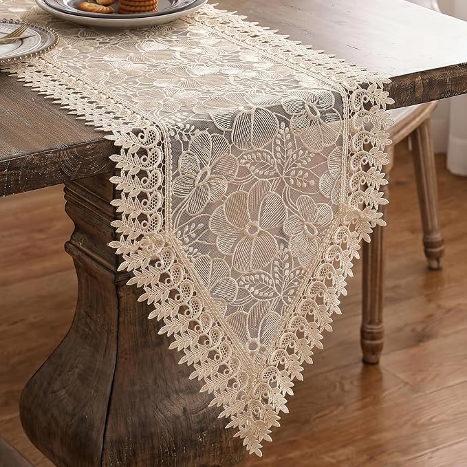 SIOLOC Champagne Lace Table Runner 14 x 72 Inch, Premium Embroidered Floral by HEALTHYCOMFORTLIFE