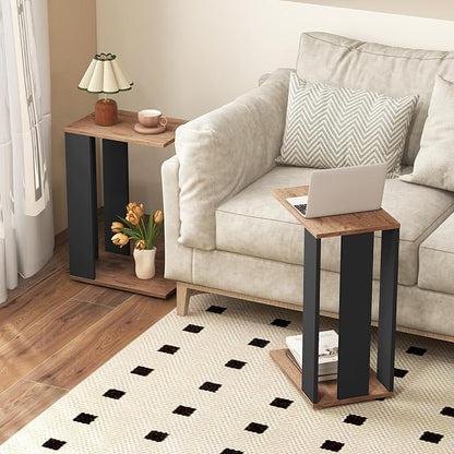 Giantex Rolling C Shaped End Table Set of 2, 2-Tier Sofa Side Table with Universal Wheels & Storage Shelf, Narrow Nightstand for Small Space, Mobile Snack Couch Tray Table for Living Room & Bedroom