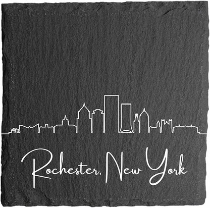 Blue Ridge Mountain Gifts - Rochester NY Skyline Coasters, Set of 4 - Rochester New York Souvenir, Slate Coasters with Minimalist Skyline, Housewarming Gift for Friends, Family, & Neighbors