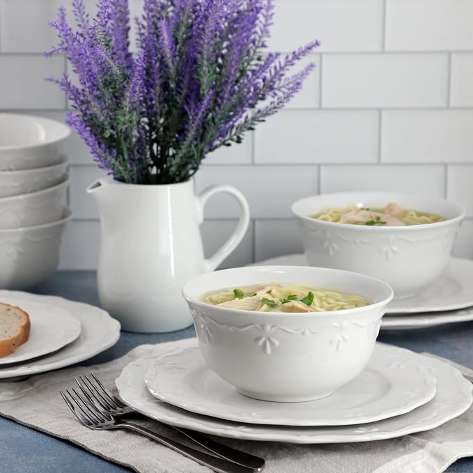 Elama Henryi 18 Piece Embossed Rim Detail Porcelain White Dinnerware Set - Image 7