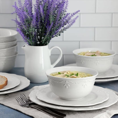 Elama Henryi 18 Piece Embossed Rim Detail Porcelain White Dinnerware Set - Image 7