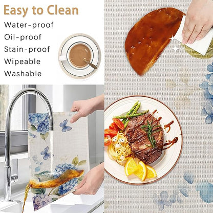 6 Pcs Placemats,Blue Hydrangea Placemat,Butterfly Floral Table Mats Washable Recyclable Table Placemats for Indoor Outdoor Heat Resistant Kitchen Dining 12"x18"
