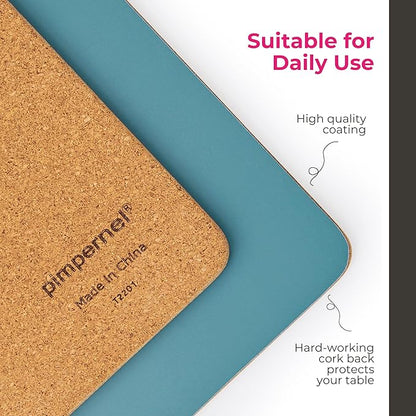 Pimpernel Azure Collection Placemats, Set of 4 – (15.7" x 11.7") Decorative, Cork-Backed Board Mats, Heat & Stain Resistant with Lacquer Finish, Stylish Dining & Kitchen Table Accessories