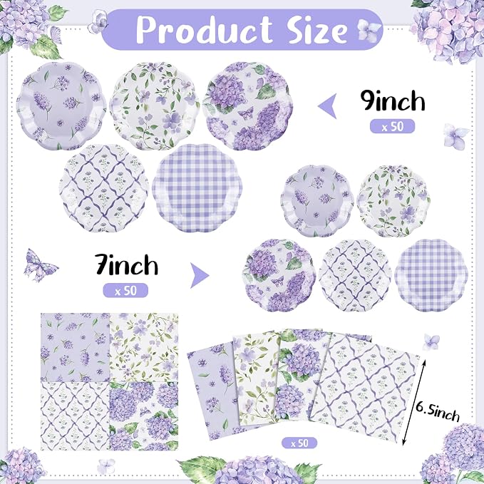 NatNarr 50 Set Purple Hydrangea Plates and Napkins Lavender Party Decor | 9" - Image 2