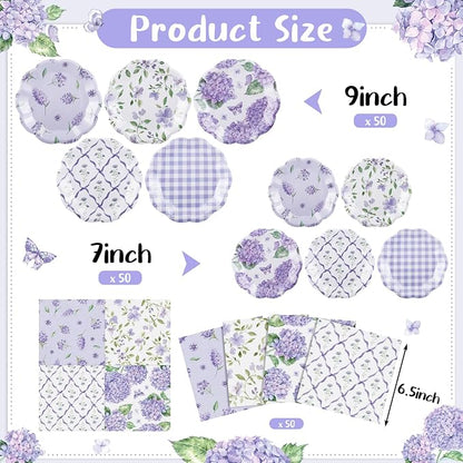 NatNarr 50 Set Purple Hydrangea Plates and Napkins Lavender Party Decor | 9" - Image 2