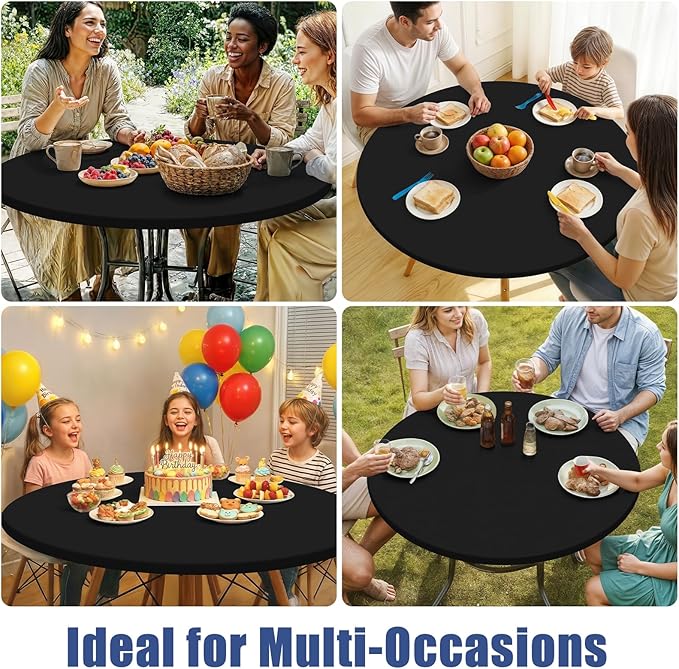 Round Spandex Tablecloth 2 Pack, Elastic Fitted Waterproof Tablecloths for 36"-44" Tables, Stretch Washable Picnic Table Cover for Camping, Dining, Indoor and Outdoor, Black
