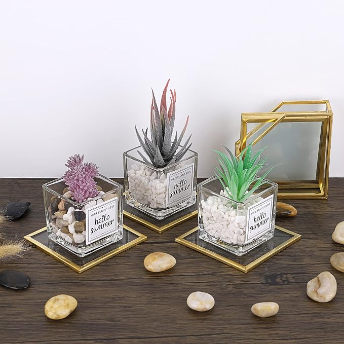 JUXYES Set of 7 Gold Brass Clear Glass Round Coaster - Image 5