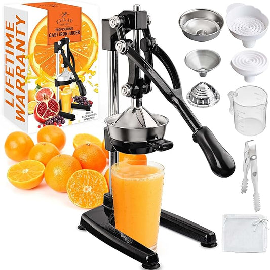 Zulay Kitchen Pulverizer 9 in 1 Cast Iron Juicer - Easy-to-Clean Heavy-Duty Manual Juicer with Presser Attachment to Juice All Types of Fruits! Extra Tall with Stainless Steel Bowl - Black