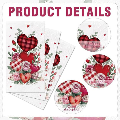 Valentine' s Day Paper Napkins - 100 Pcs Red Checkered Heart Rose Decorative Napkin Sets Disposable, Gingham Dinner Guest Party Decorations Supplies for Holiday Engagement Wedding 7.9 x 4.3 In