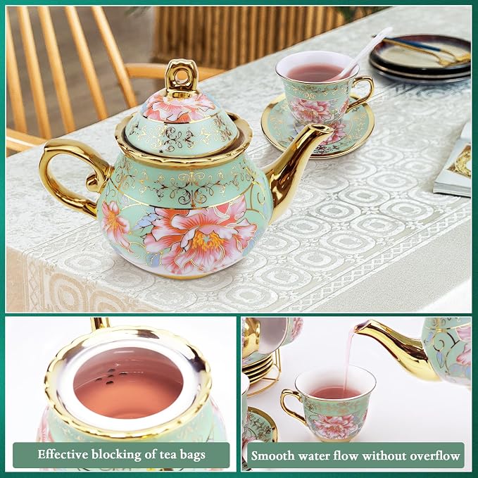 20 Pcs Porcelain Tea Set with Metal Holder, Adult Tea Set Gift, European - Image 4