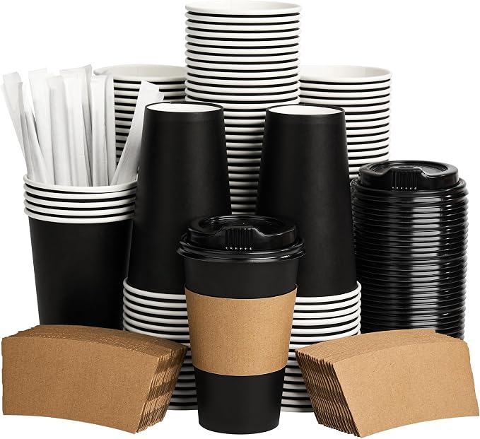 Coffee Cups with Lids 16 oz 100 Pack, Sleeves and Stirring Sticks, To Go Cups by VPACKDUO