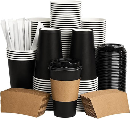 Coffee Cups with Lids 16 oz 100 Pack, Sleeves and Stirring Sticks, To Go Cups by VPACKDUO