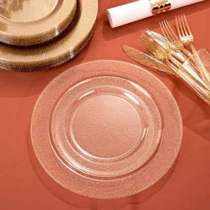 I00000 102PCS Gold Glitter Plastic Plates, Gold Glitter Disposable Plates Clear Plastic Party Plate Include 51 Dinner Plate 10.25" and 51 Dessert Plate 7.5" for Parties &Wedding