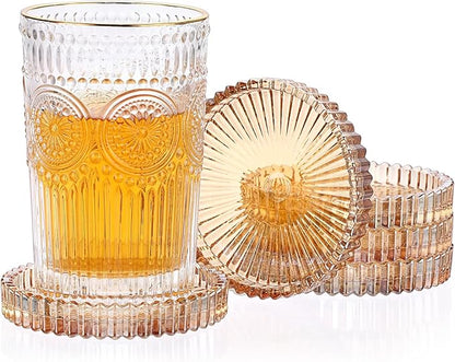 JUXYES 5 Pack Amber Tone Crystal Coasters Round Cup Mat, Glass Coasters for Drinks Coffee Tea Wine, Decorative Wine Bottle Coaster, Crystal Drink Coaster for Restaurant bar Kitchen Dining Table