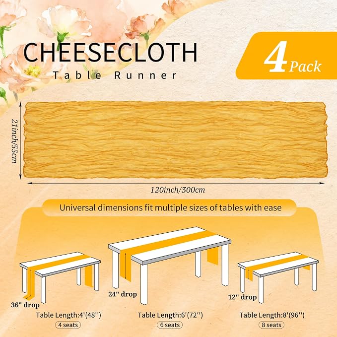 4 Pack Cheesecloth Table Runner 10FT Gold Table Runner Boho Gauze Cheese Cloth - Image 2