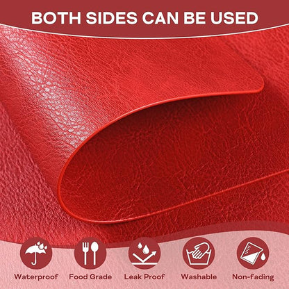 Faux Leather Placemats Set of 6, Washable Place Mats, Wipeable Waterproof Oil-Proof Heat Resistant Table Mats, Non-Slip Vinyl Placemats Rectangular Place Mat for Table Indoor Outdoor (Red)