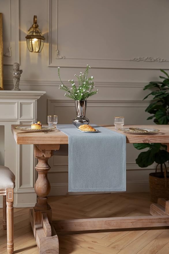 Burlap Style Farmhouse Table Runner, 14x72 Inches Light Dusty Blue | Thick - Image 3