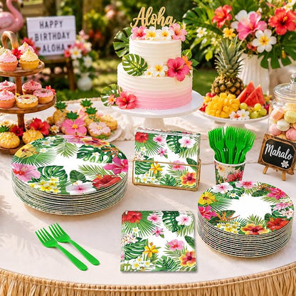 100 Pcs Tropical Luau Party Supplies Set, Serves 25 – Disposable Hibiscus - Image 7