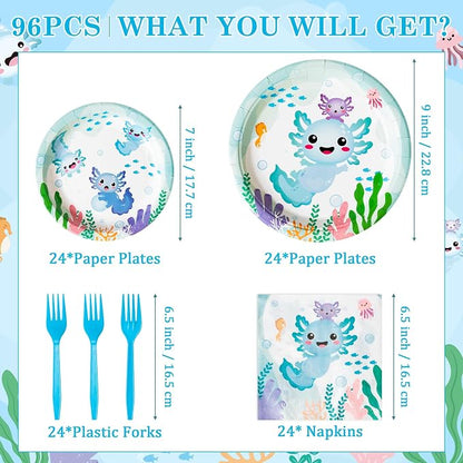 96Pcs Blue Axolotl Cute Cartoon Animals Party Plates Supplies Tableware - Image 2