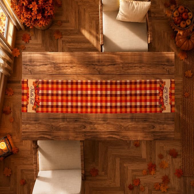 Fall Decor - Hello Fall Pumpkin Plaid Table Runner - Image 6