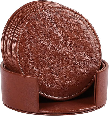 6 Pcs Premium Leather Coasters with Holder, Tabletop Protection, Coffee Table & Bar Decoration, Modern-Style Drink Coasters Suitable for Home Dining Tables & Kitchen Accessories (Brown)