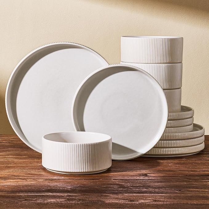 Stoneware Dinnerware Set for 4, Matte White Reactive Glaze | 12 pcs Ceramic by FamiwarePremium