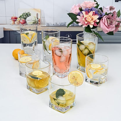 Le'raze Everyday Drinking Glasses Set of 8 Drinkware Kitchen Glasses for Cocktail, Iced Coffee, Beer, Ice Tea, Wine, Whiskey, Water, 4 Tall Highball Glass Cups & 4 Short Old Fashioned.