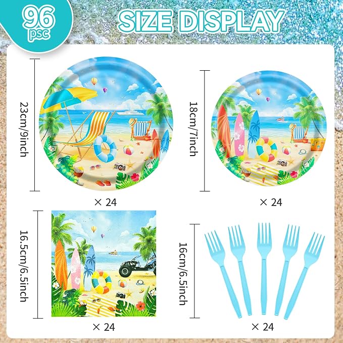 96 Pieces Summer Beach Plates and Napkins Set, Tropical Disposable Tableware - Image 2