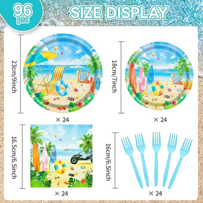 96 Pieces Summer Beach Plates and Napkins Set, Tropical Disposable Tableware - Image 2