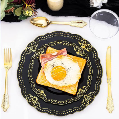 Ciaell 175 PCS Black and Gold Plastic Plates - Black Disposable Dinnerware Set with 50 Plates, 25 Knives, 25 Forks, 25 Spoons, 25 Cups, 25 Napkins for Parties and Weddings