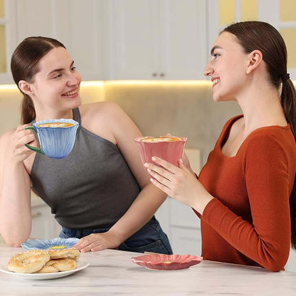 10 oz Tea Cups and Saucers, Ceramic Flower-shaped Cappuccino Cup, Latte Cup and - Image 7