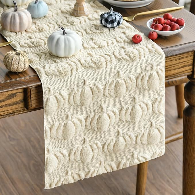 Artoid Mode Beige Soft Faux Fur Pumpkins Fall Table Runner 13x72 Inch | by ArtoidMode