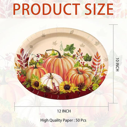 Grencian 50Pcs Fall Oval Paper Plates 10" x 12" Large Disposable Heavy Duty Pumpkin Plates Thanksgiving Pumpkin Sunflower Paper Platters for Thanksgiving Fall Harvest Holiday Decorations