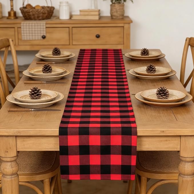 ShinyBeauty Buffalo Plaid Table Runner 13''x72'' Red and Black Check Christmas - Image 2