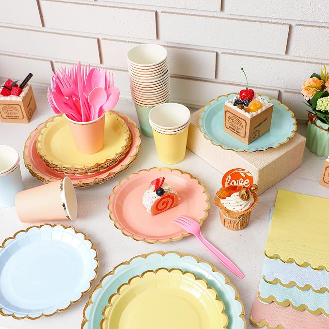 Yaomiao 168 Pcs Pastel Scalloped Paper Plates Cups Napkin - Image 5