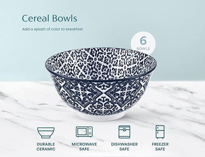 KooK Cereal Bowls, Ceramic Make, Vibrant Color, Multi Color Designs, Bowls for Thanksgiving, Christmas and Kitchen Perfect for Soup, Pasta, Salad, Ice Cream, Blue And White Set of 6, 18oz (Navy)
