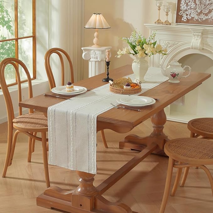 Beige Boho Cotton Linen Table Runner, Farmhouse Woven Table Runners Spring - Image 8